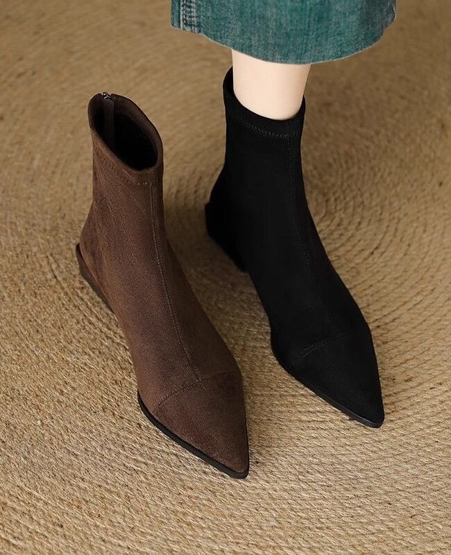 The Alix Flat French Point Toe Boots Thick Heeled Detail – La Rose Couture Shoes & Footwear
