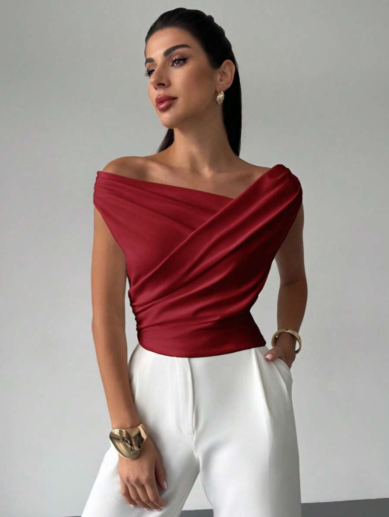 Women's Simple Style One-Shoulder Slim Fit Sleeveless Short Top - Image 3