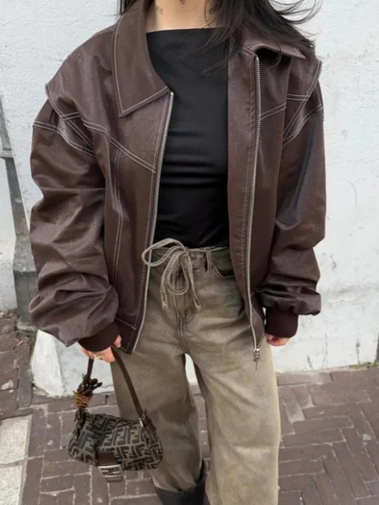 Oversized Retro Lapel Zipper PU Leather Jacket - Image 2