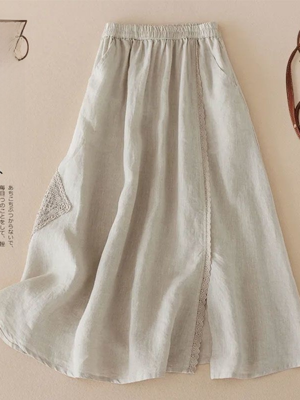Cotton Linen Elastic Waist A-Line Skirt - Image 3