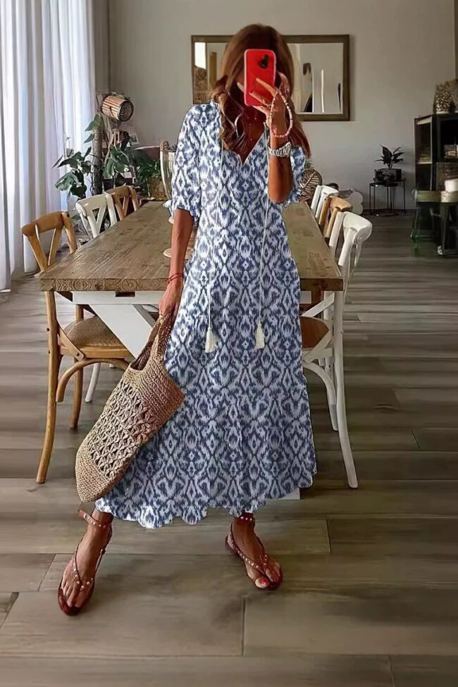 The Seraphine V Neck Printed Fringe Bell Sleeve Loose Maxi Dress – La Rose Couture Dresses & Gowns