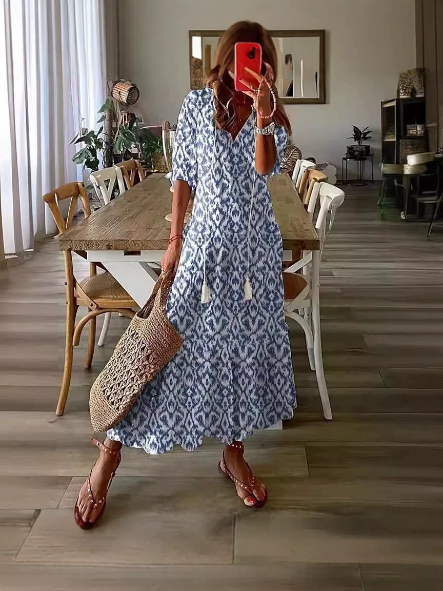 Women V-Neck Printed Fringe Bell Sleeve Loose Maxi Dress