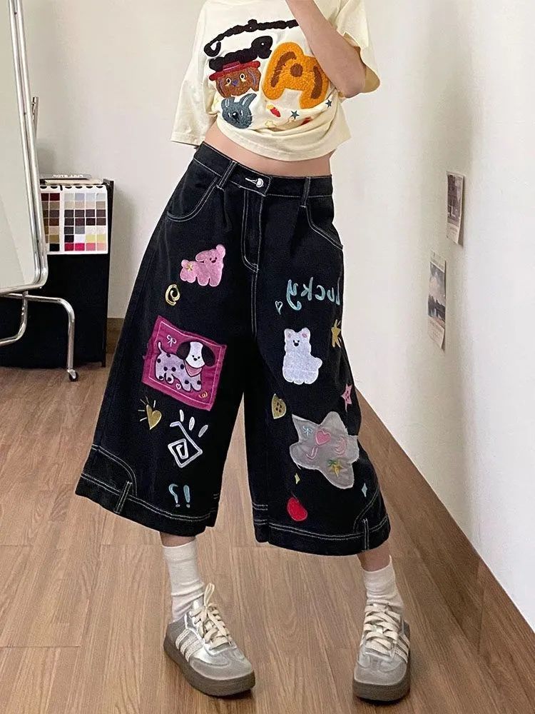 Womens Embroidered Denim Wide Leg Cropped Pants - Image 4