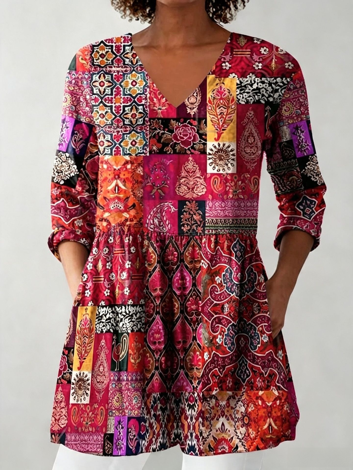 Women's Printed V-Neck Mid-Sleeve Loose T-Shirt - Image 2