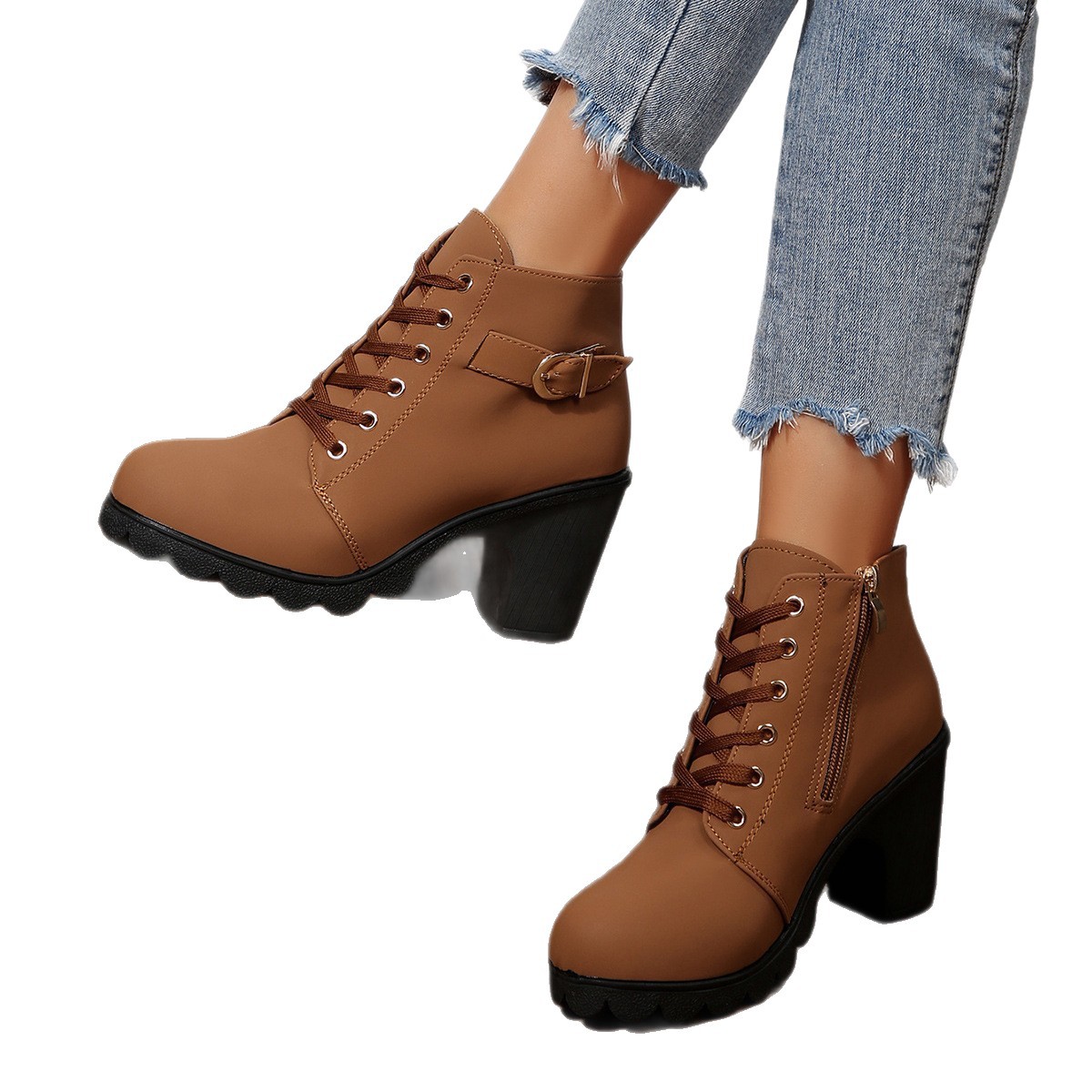 Thick Heel Ankle Boots Round-Toe Lace-Up Martin Boots - Image 4