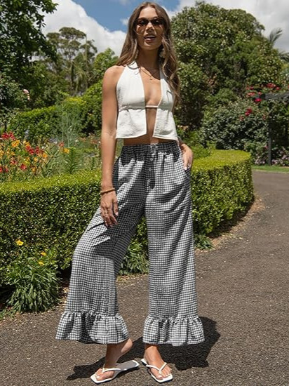 High Waist Plaid Wide Leg Pants - Image 5