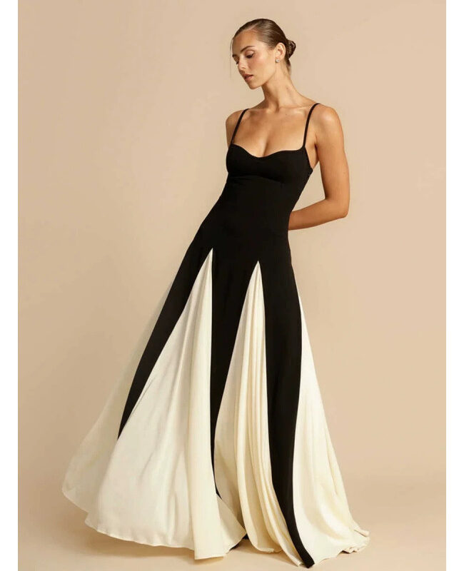 The Zephyrine Parisian Black White Color Block Slim Fit Long Dress Detail – La Rose Couture Dresses & Gowns