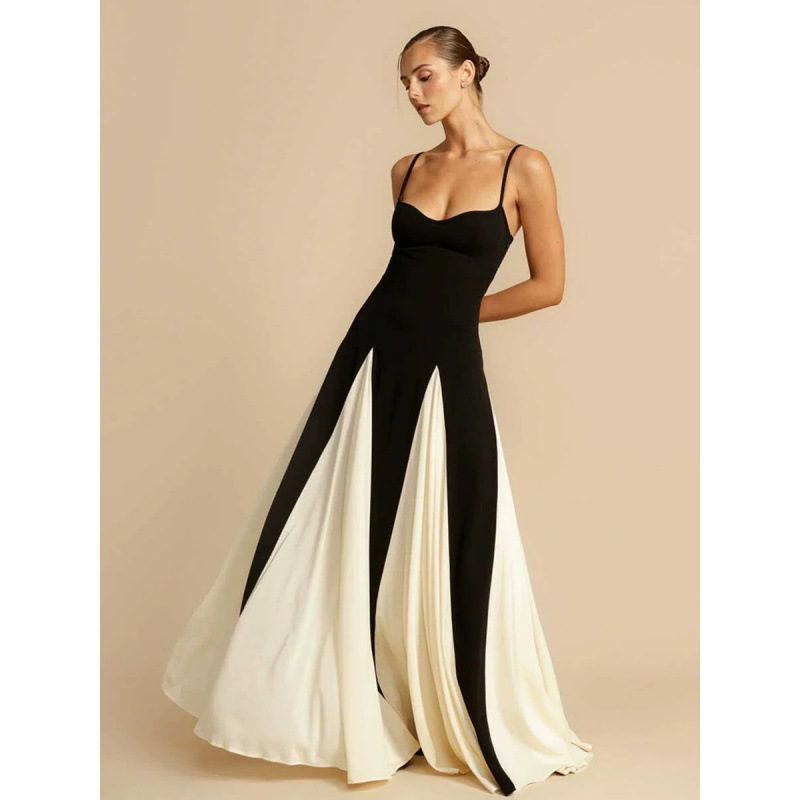 French Style Black White Color Block Slim Fit Long Dress - Image 3
