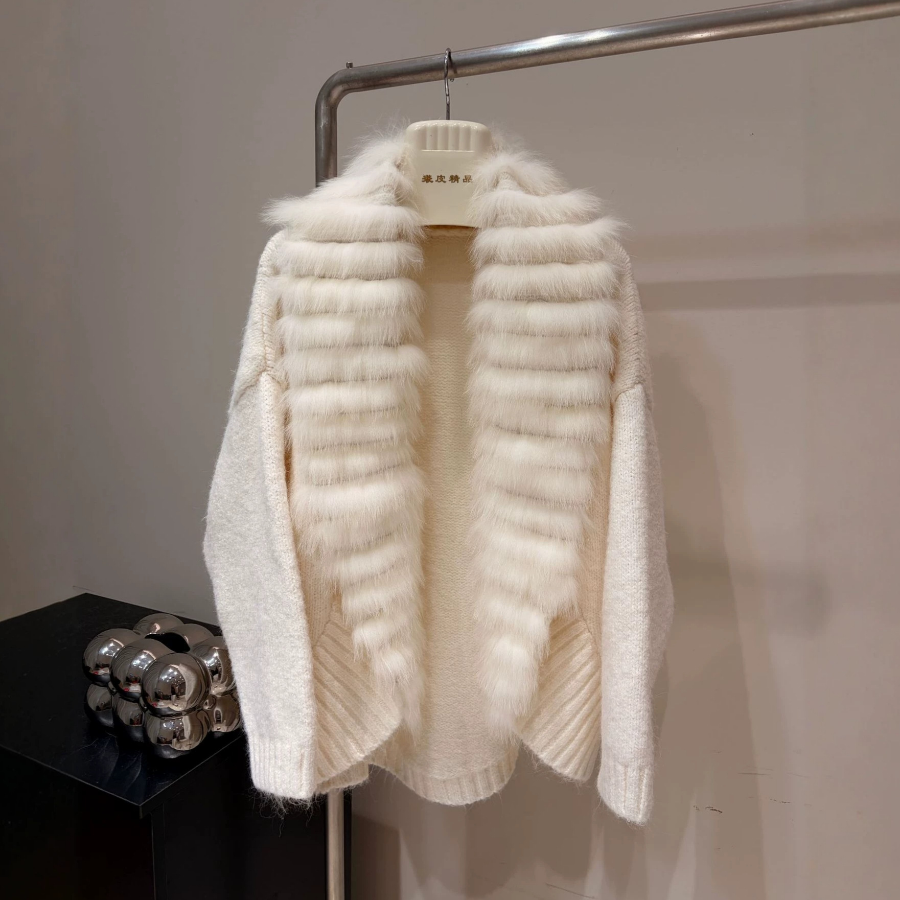 Women's Fox Fur Striped Short Knit Sweater with Fur Collar - Image 4