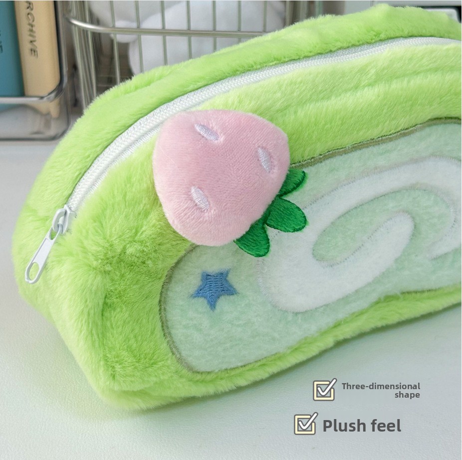 Cute Plush Swiss Roll Large Capacity Makeup Stationery Storage Pouch - Image 3