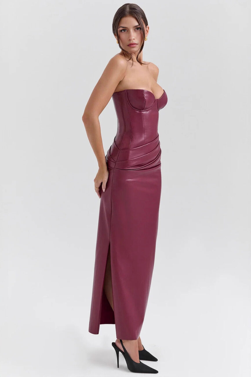 The Madeleine Pu Leather Strapless Slit Bodycon Evening Dress Detail – La Rose Couture Dresses & Gowns