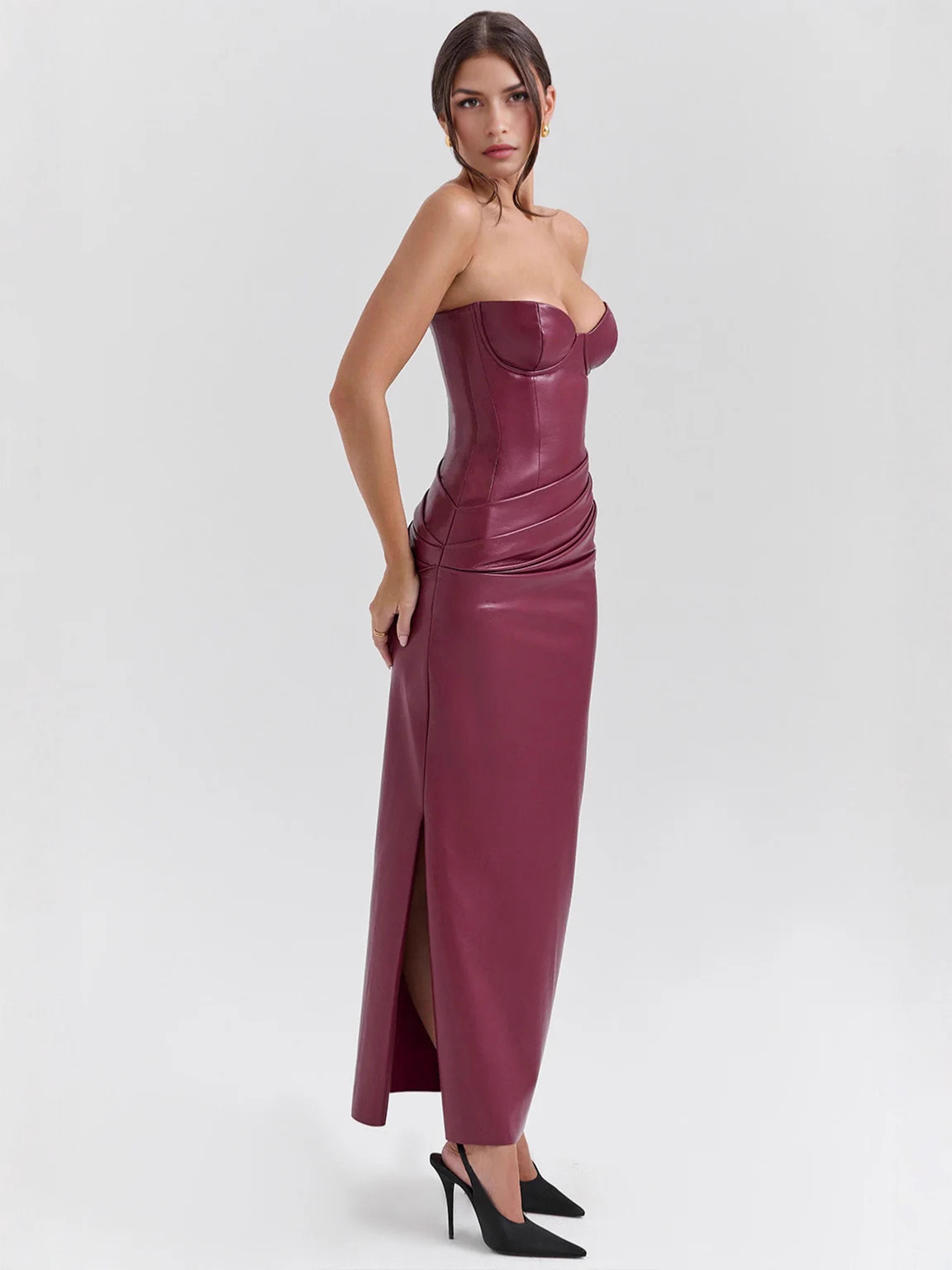 Women's PU Leather Strapless Slit Bodycon Evening Dress - Image 5