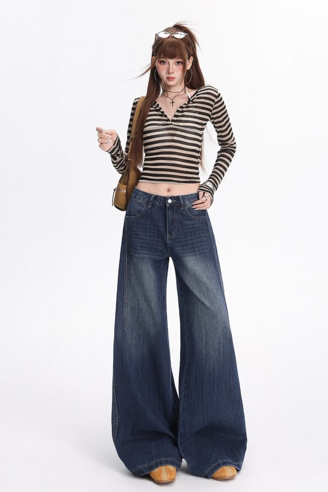 The Camille Retro Blue Bamboo Pattern Straight Leg Floor Length Jeans Detail – La Rose Couture Trousers & Skirts