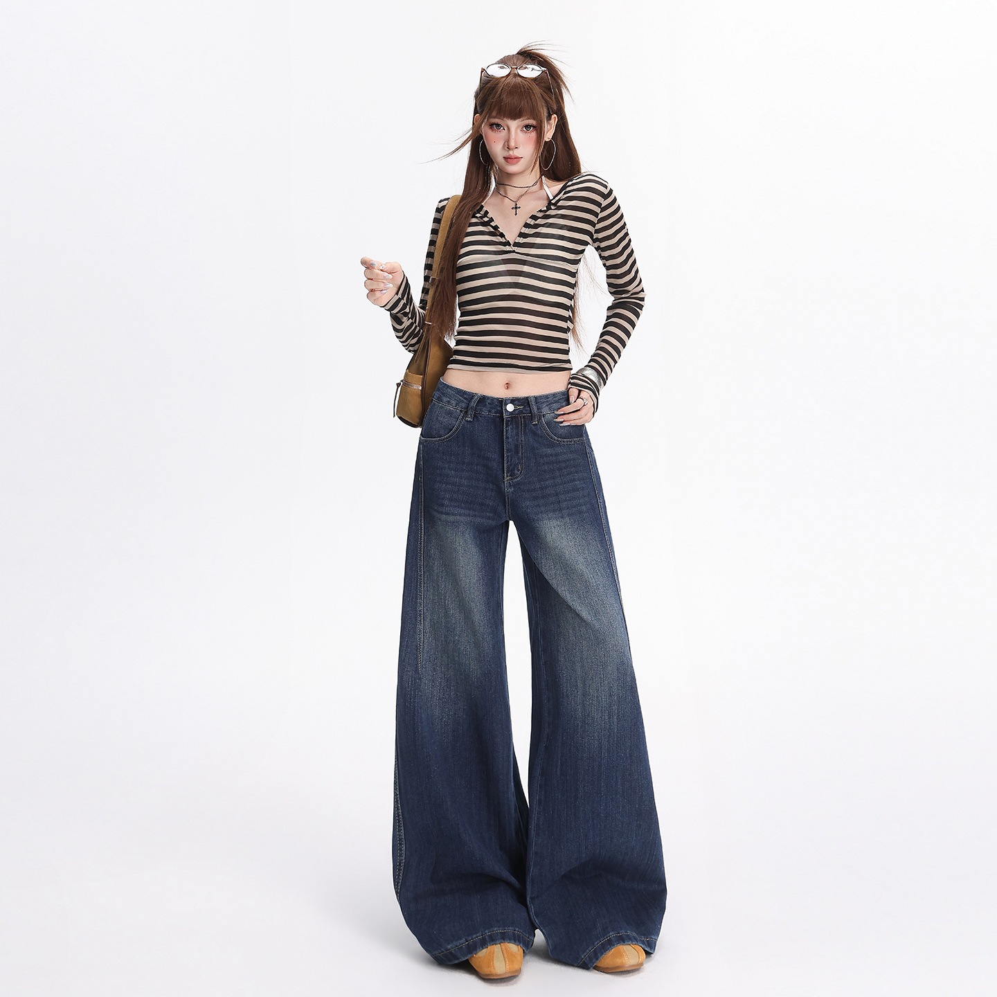 Women's Retro Blue Bamboo Pattern Straight-Leg Floor-Length Jeans - Image 5