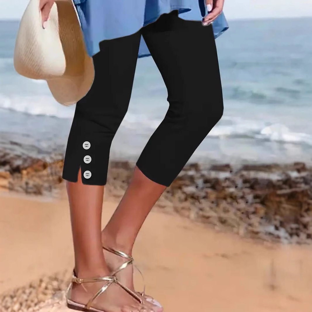 Women's mid-thigh elastic buttoned decorative capri pants - Image 3