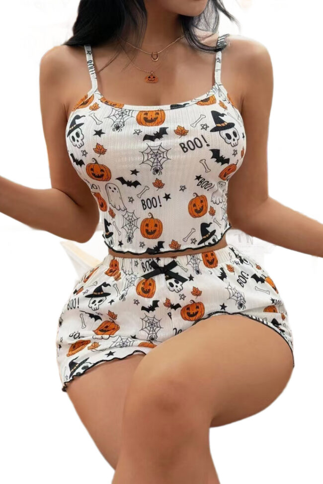 The Jeanne Pumpkin Print Bow Suspender Shorts Homewear Set Detail – La Rose Couture Trousers & Skirts