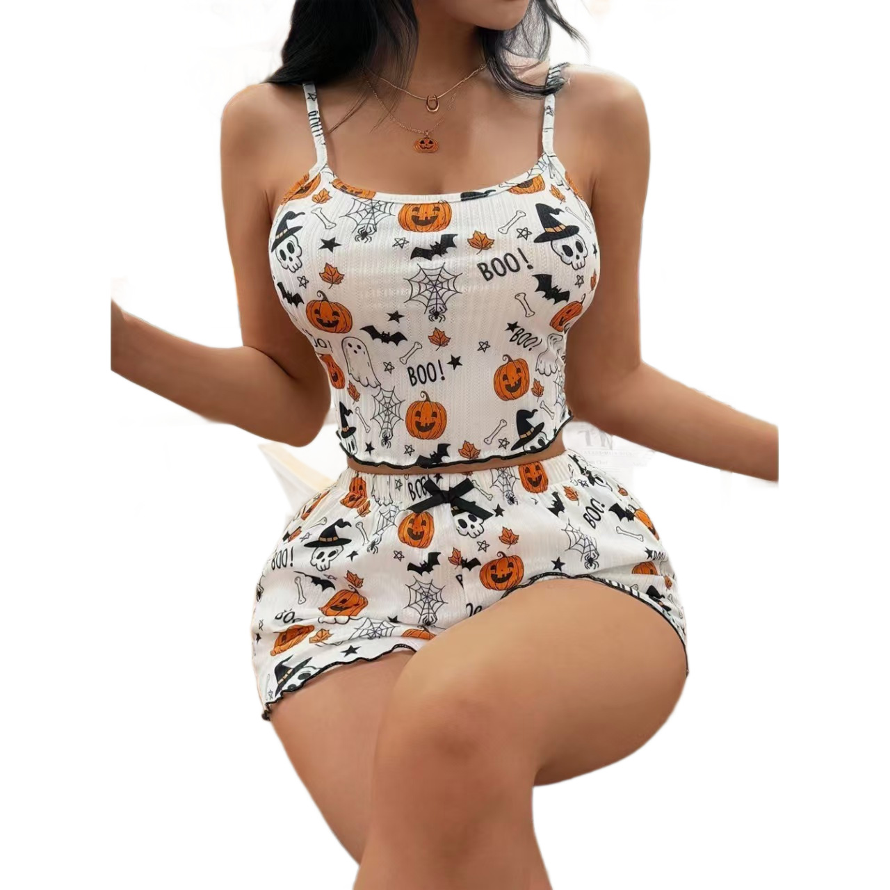 Pumpkin Print Bow Suspender Shorts Homewear Set - Image 3