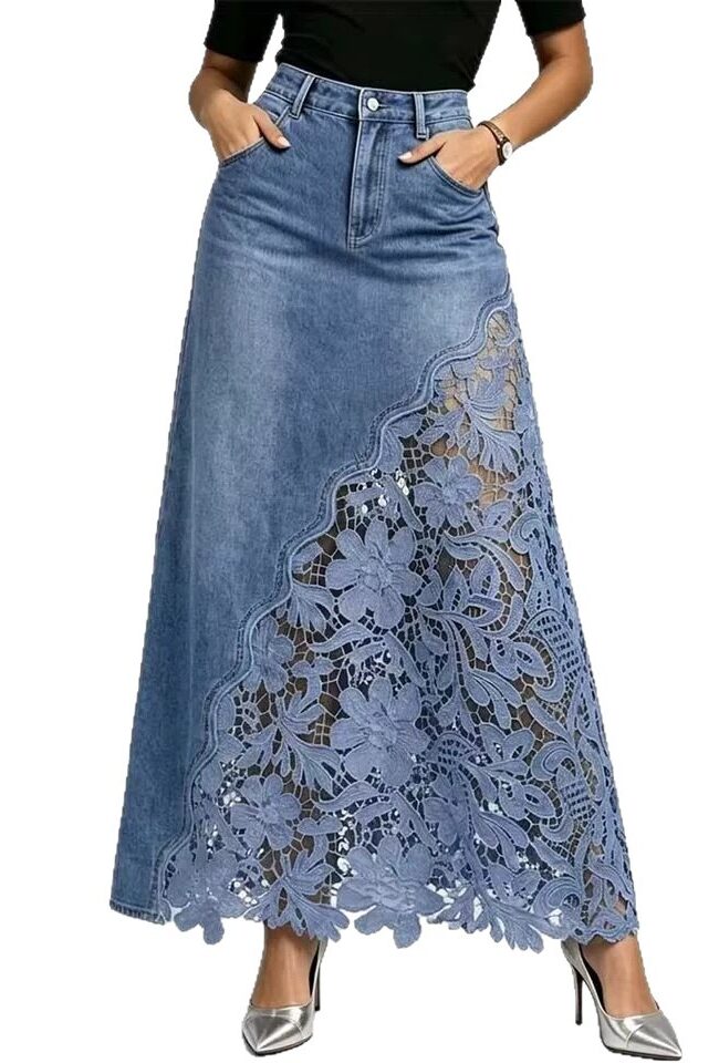 The Hortense Elegant Washed Denim Lace Patchwork Long Skirt Detail – La Rose Couture Trousers & Skirts