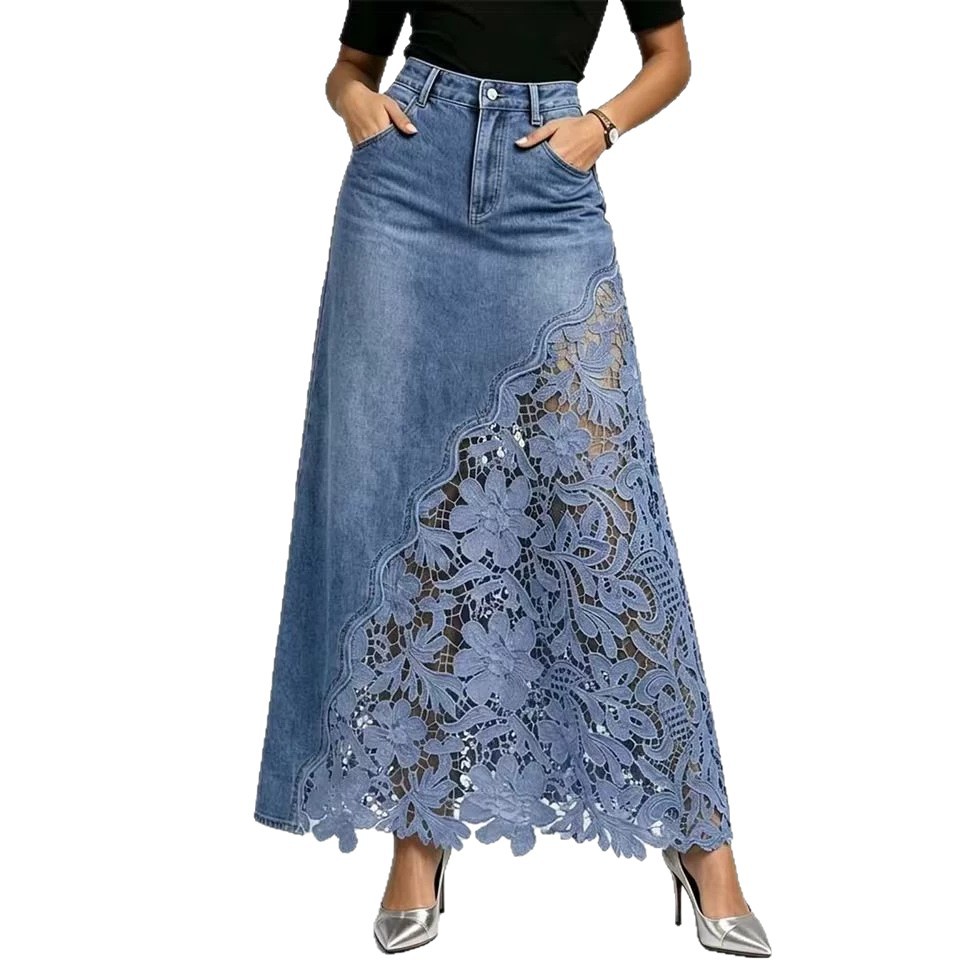 Elegant Washed Denim Lace Patchwork Long Skirt - Image 5