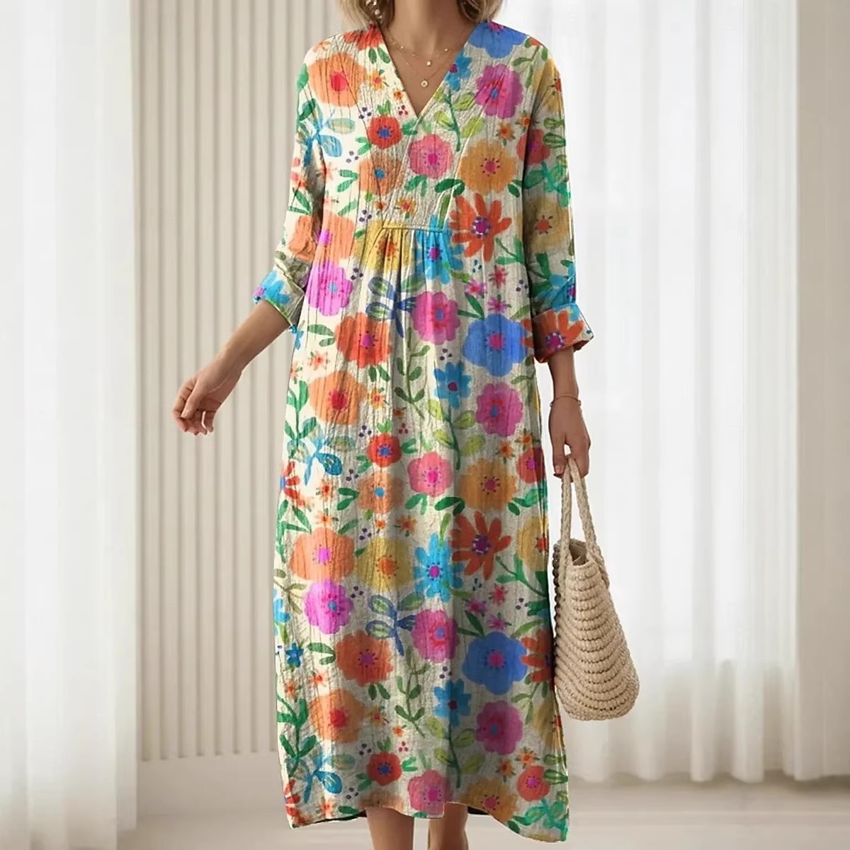 3D Printed Womens V-Neck Patchwork Long Dress - Image 5