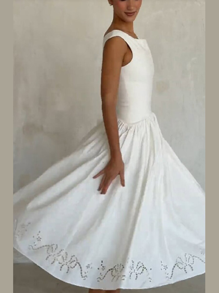 French Off-shoulder Embroidered Waist-slimming Dress - Image 4