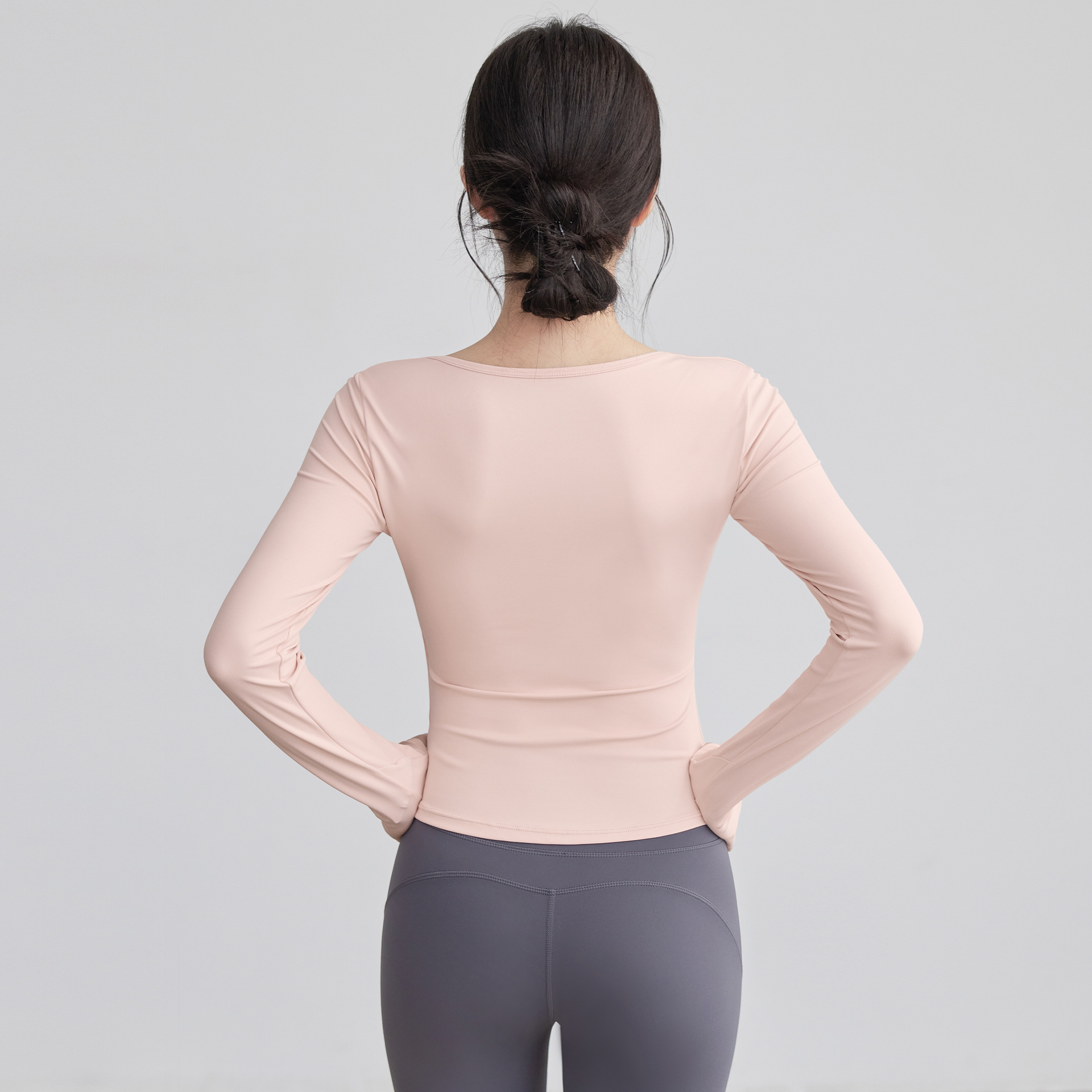 Women Long Sleeve Pleated Fitness Yoga Top with Chest Pad - Image 3