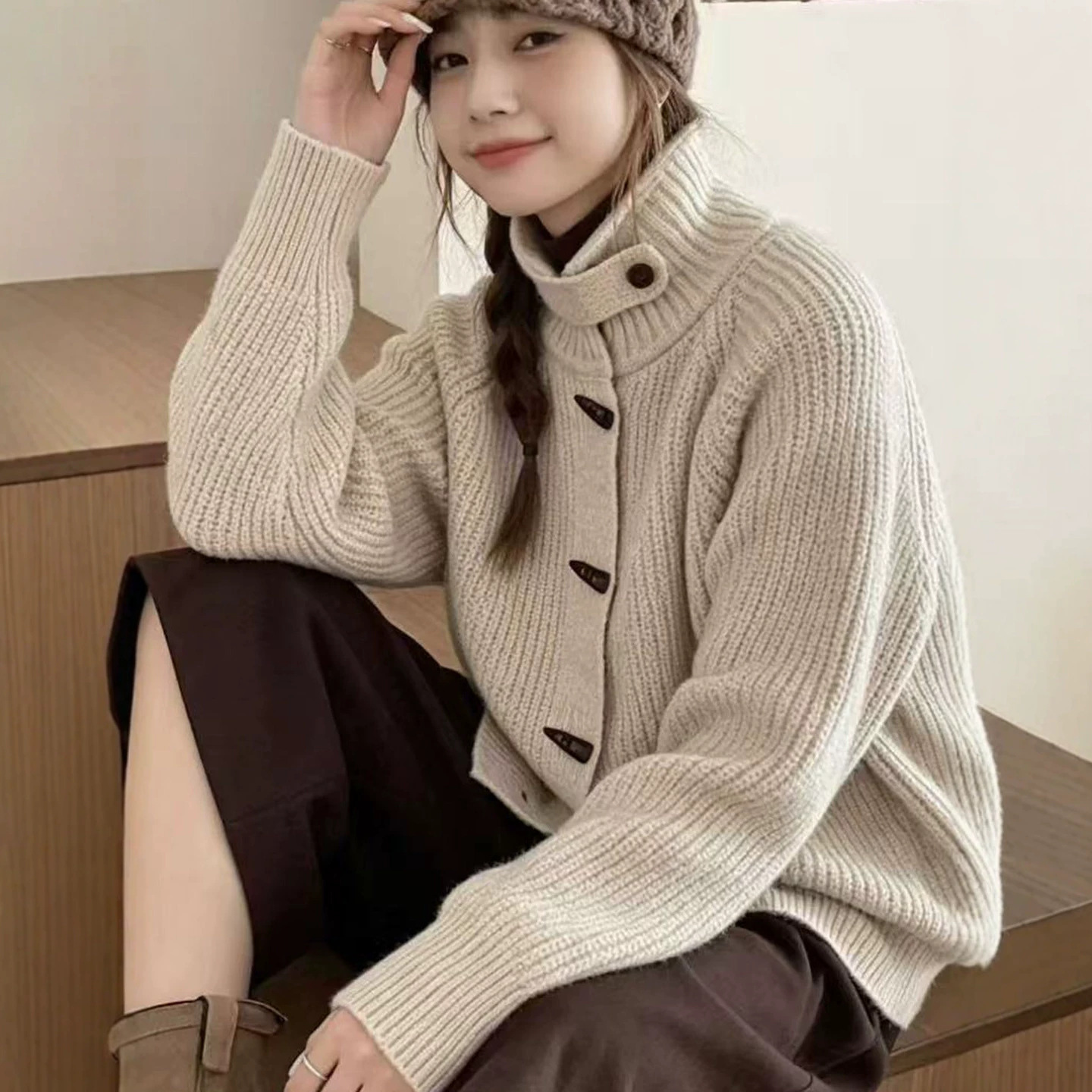 Women Knitted High Collar Cardigan Horn Button Thick Sweater