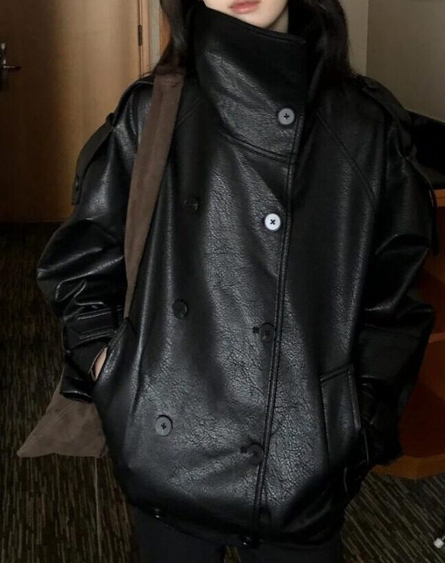The Clarisse Korean Vintage Double Breasted Stand Up Collar Leather Jacket – La Rose Couture Coats & Jackets