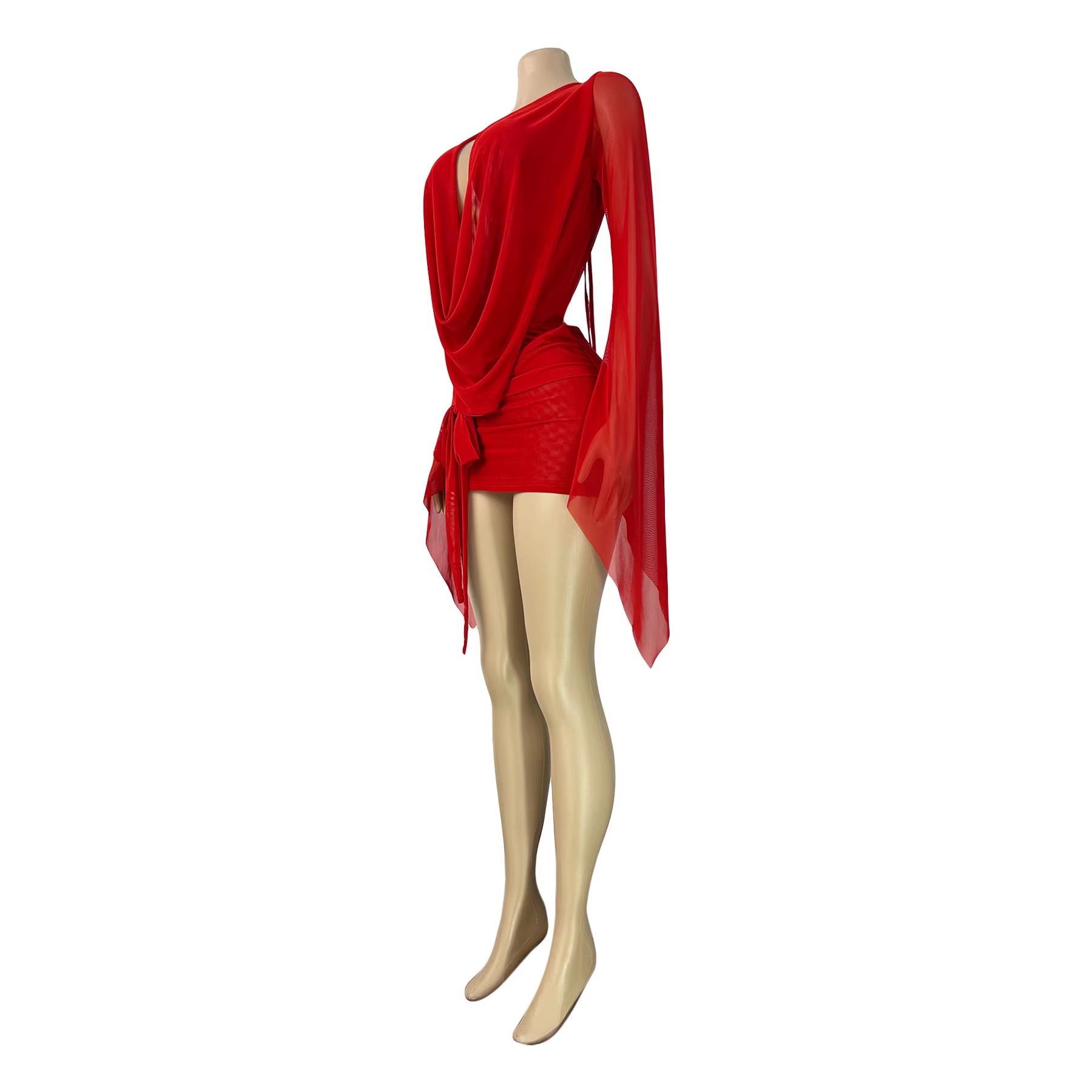 Mesh Deep V-Neck Open Back Bodycon Dress - Image 3