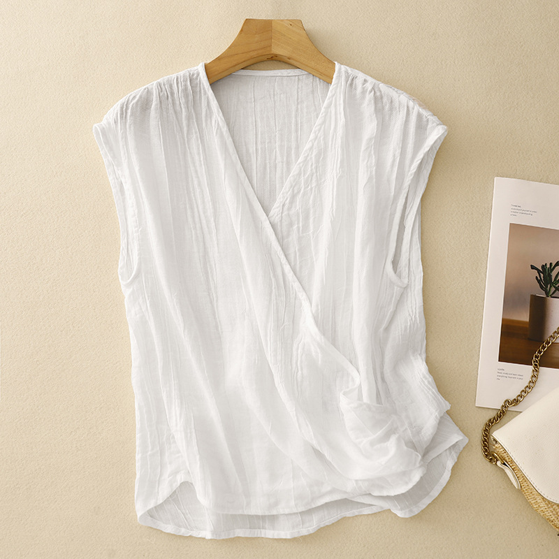Women's Artistic Retro Sand-Washed V-Neck Patchwork Top with Flowing Sleeves - Image 4