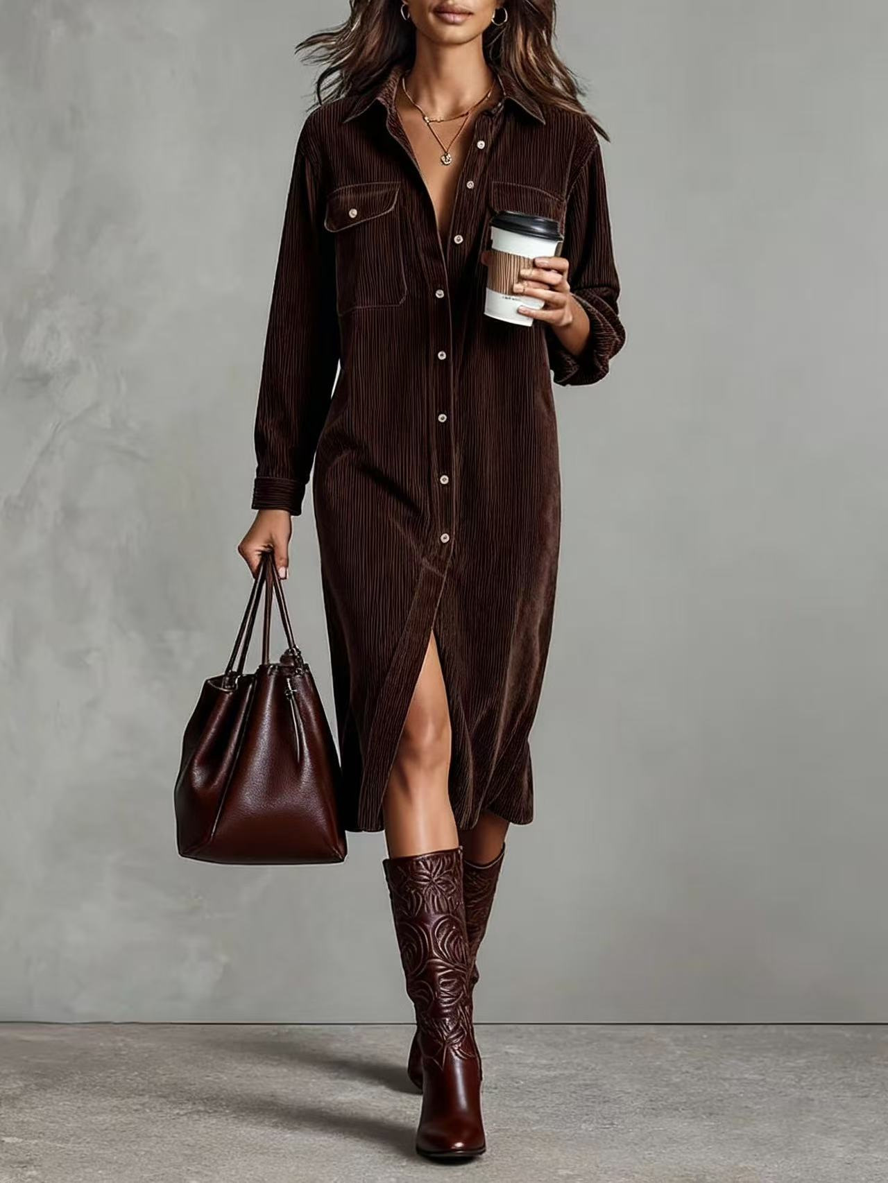 Womens Corduroy Shirt Dress - Image 3