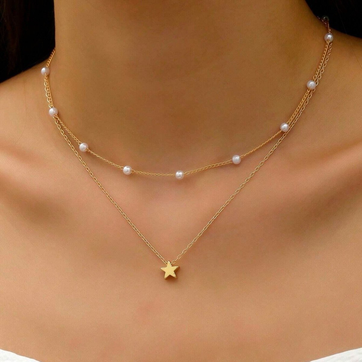 Fashion Imitation Pearl Layered Necklace with Heart Pendant for Women Men - Image 4
