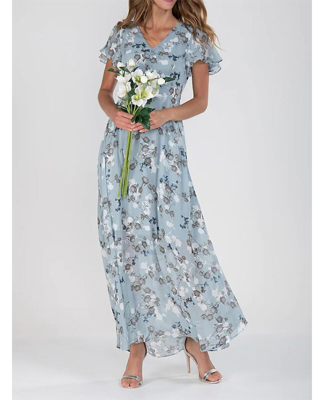 The Hortense Floral Print Chiffon V Neck Ruffled Swing Dress Short Sleeve Midi Beach Long Detail – La Rose Couture Dresses & Gowns