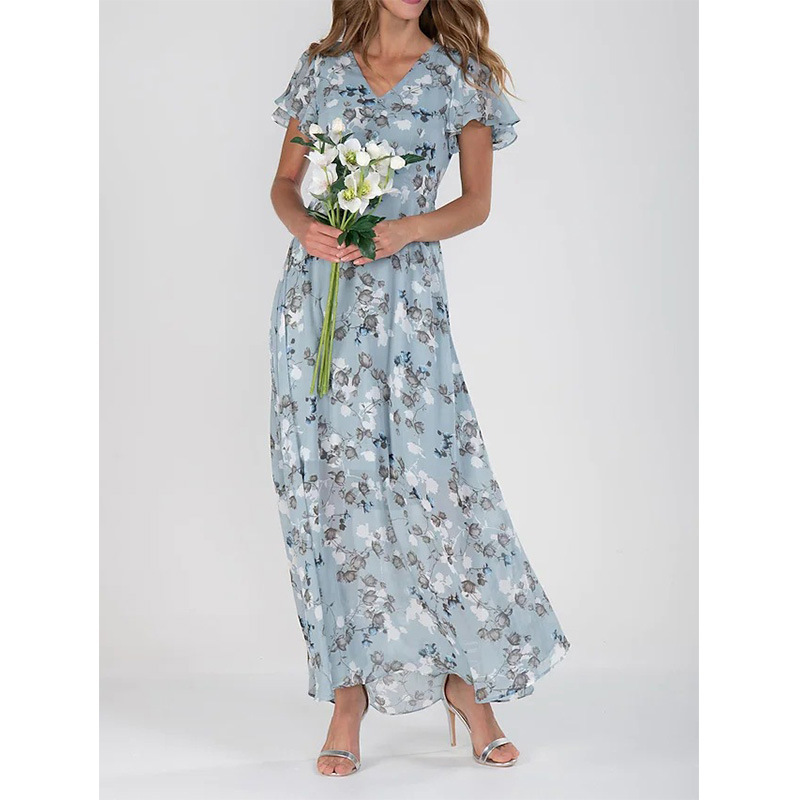 Womens Floral Print Chiffon V Neck Ruffled Swing Dress Short Sleeve Midi Beach Long Dress - Image 3