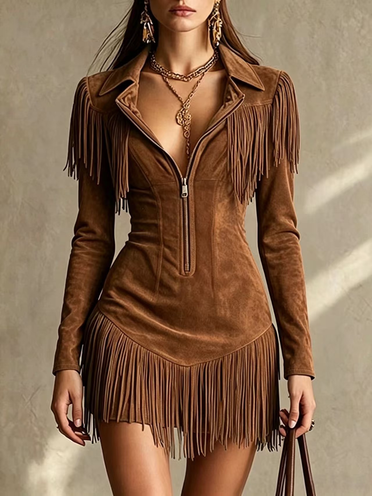 Retro Suede Tassel Long Sleeve Dress - Image 2