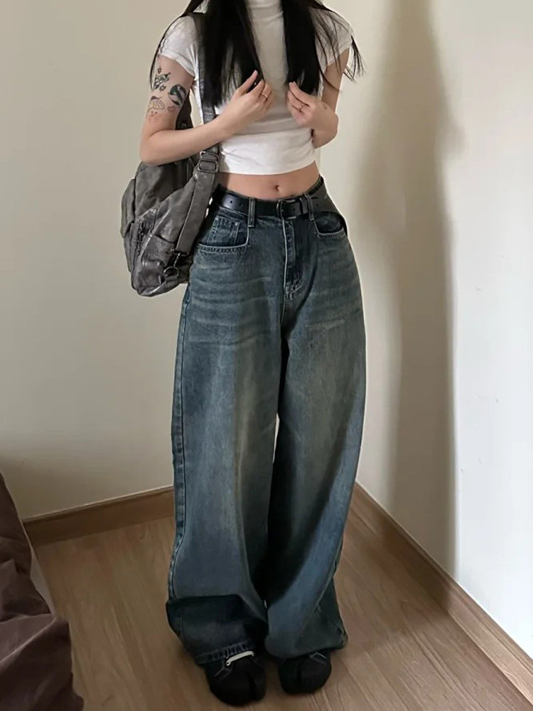 Vintage Blue Loose Wide-Leg Denim Pants for Women Summer Thin Casual Straight Trousers - Image 2