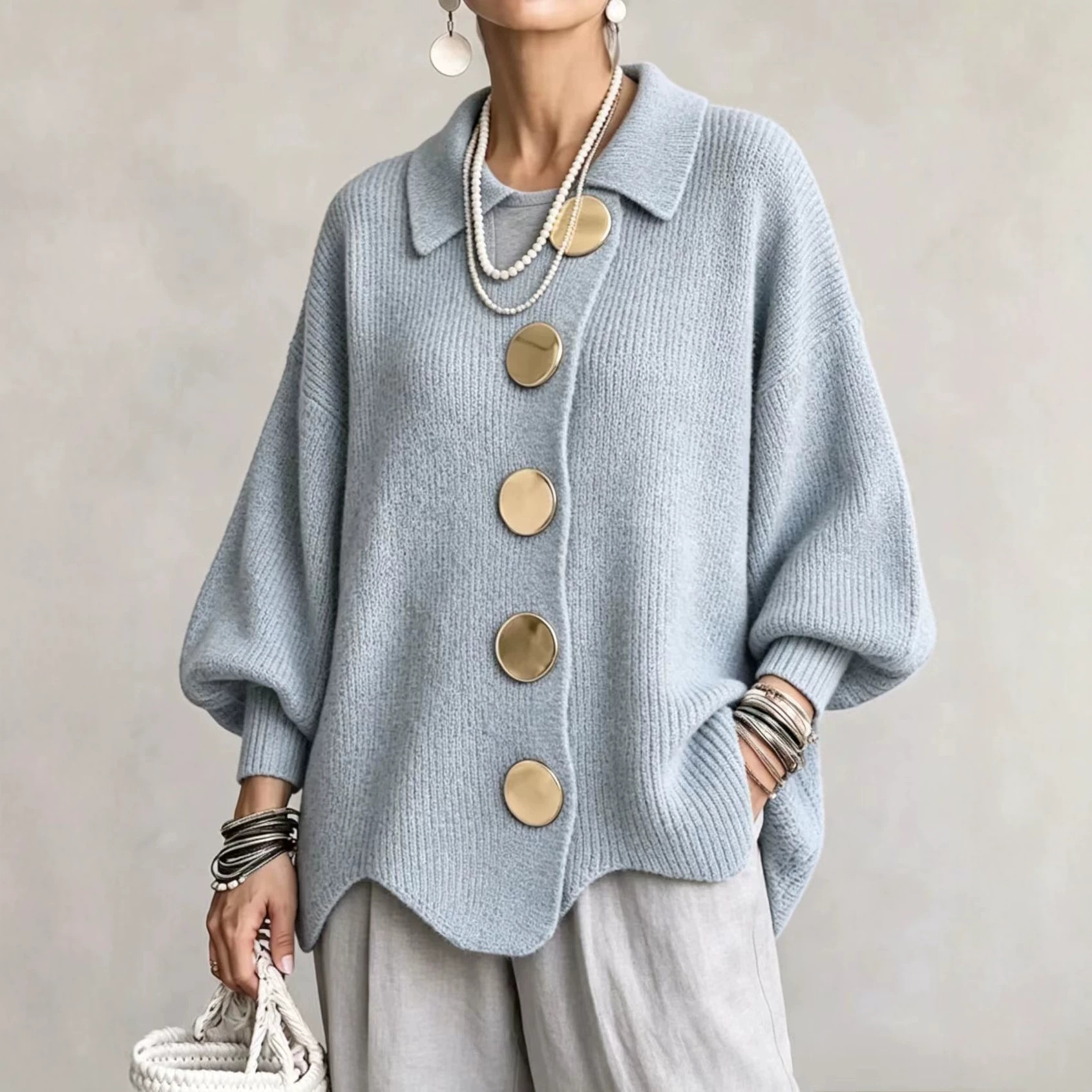 Women's V-Neck Button Long Sleeve Knit Sweater - Image 5