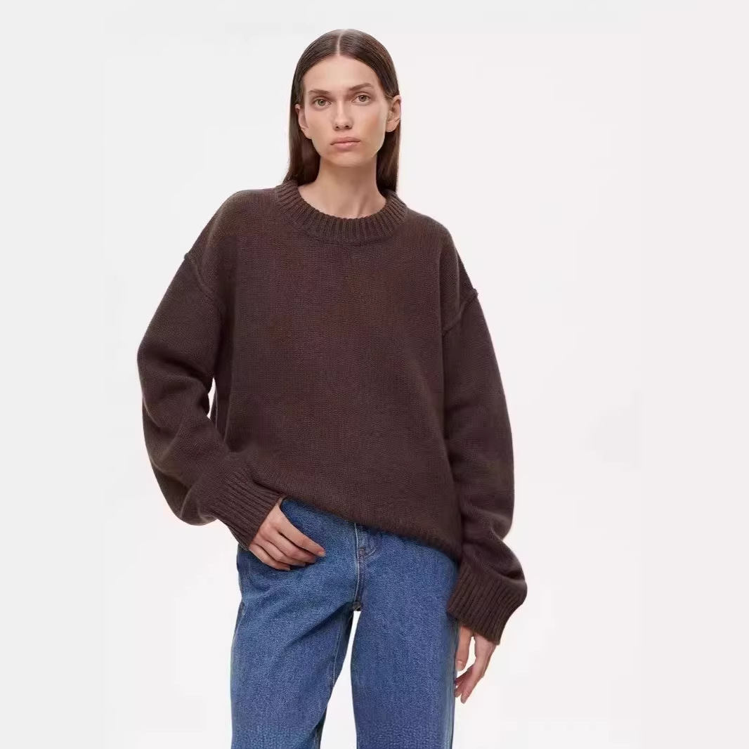 Womens Round Neck Solid Color Loose Pullover Sweater - Image 5