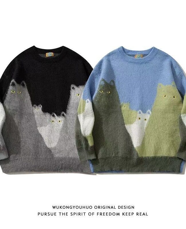 The Apolline Cartoon Cat Jacquard Knitted Sweater Detail – La Rose Couture Coats & Jackets