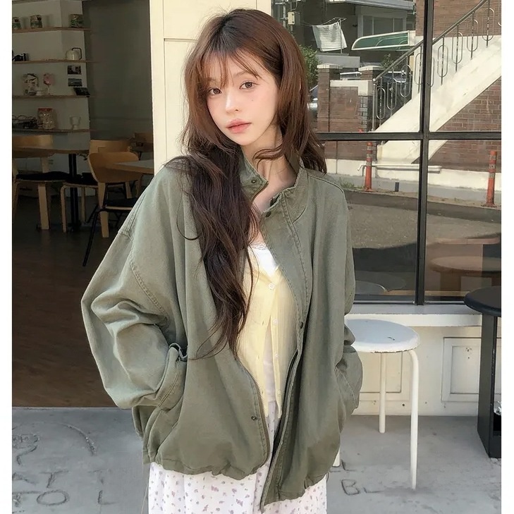 Loose drop-shoulder drawstring vintage distressed stand collar frock coat - Image 2