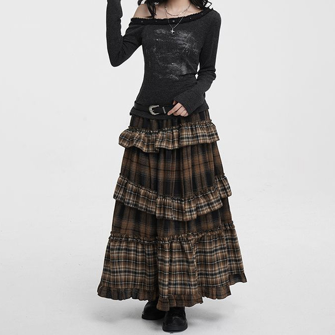 Retro Plaid High-Waisted Long Skirt with Irregular Hem - Image 5
