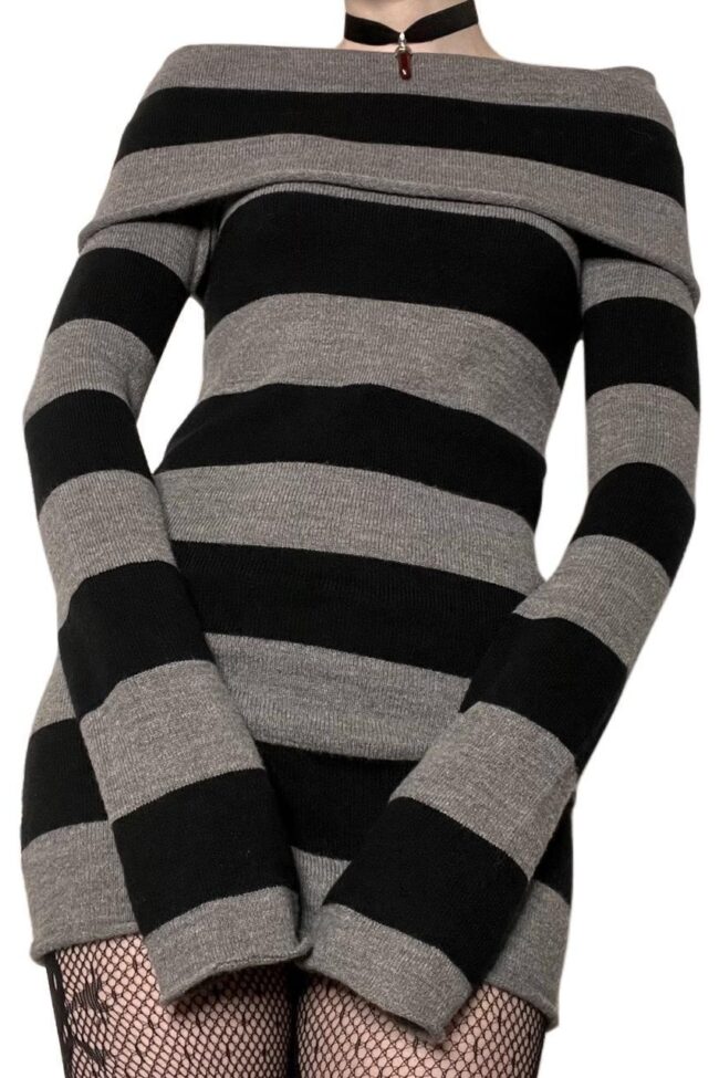 The Laurene Striped Off Shoulder Knitted Sweater Dress Detail – La Rose Couture Dresses & Gowns