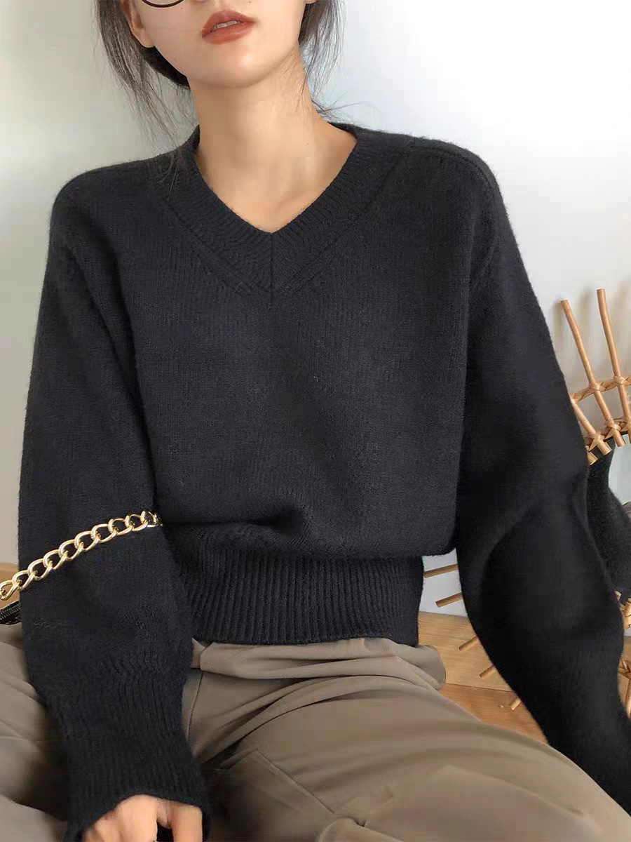 Women V-Neck Solid Color Long Sleeve Sweater Loose Fit Pullover - Image 2