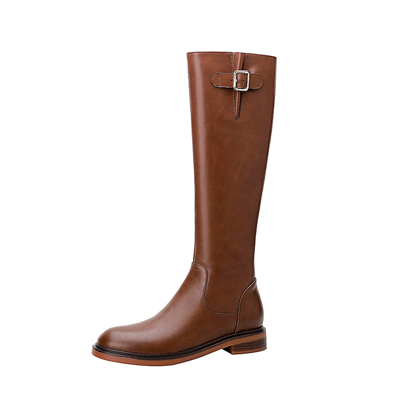 Women's Vintage Genuine Leather Knee High Riding Boots with Side Zipper - Image 5