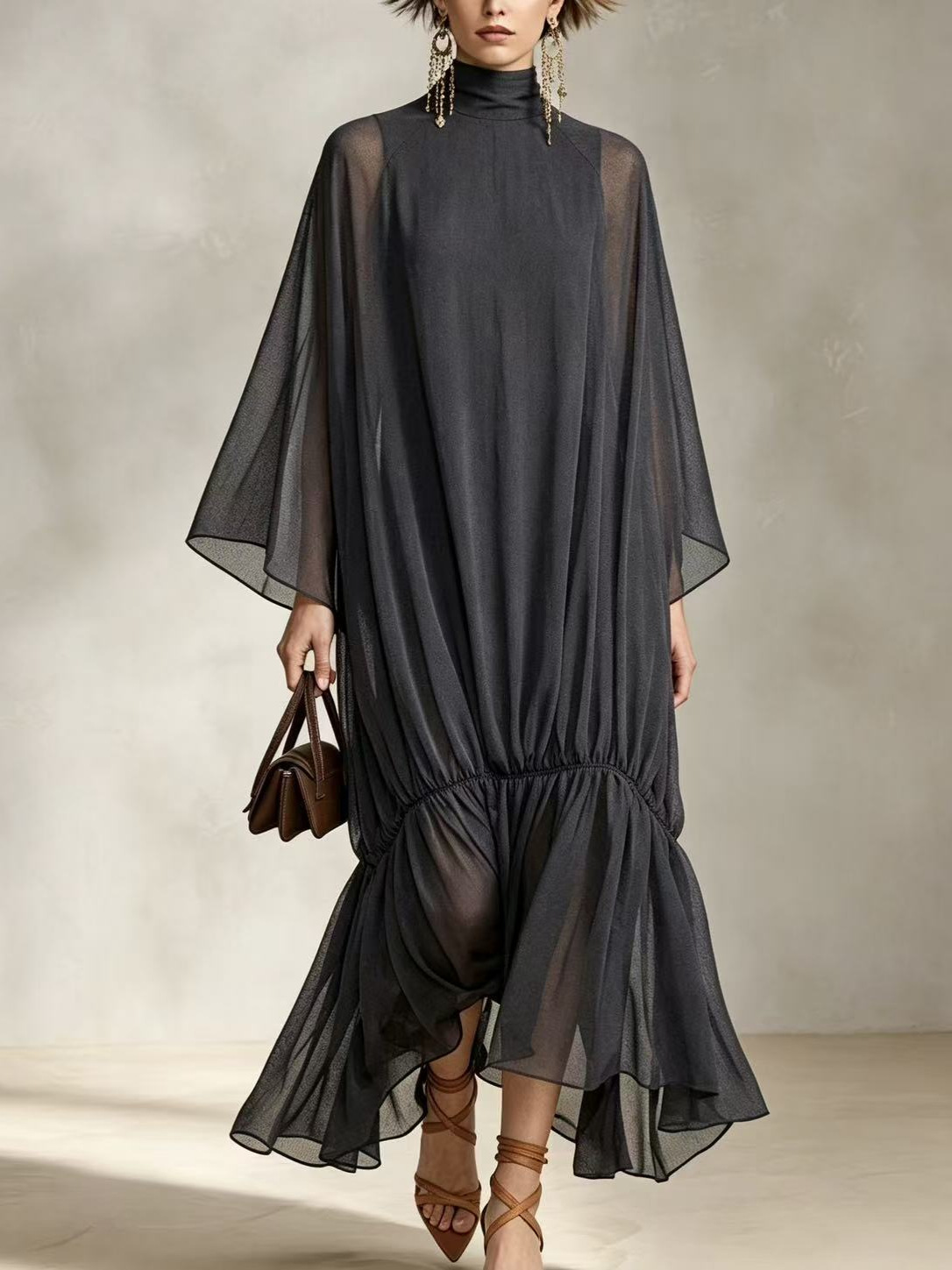 Loose Fit Pleated Dress with Batwing Sleeves