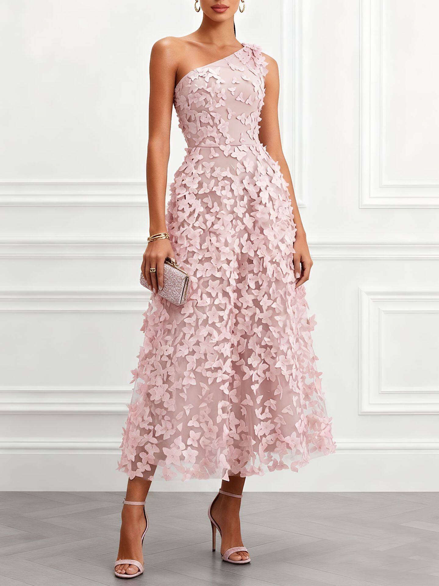 One-Shoulder Three-Dimensional Floral Dress for Women - Image 4