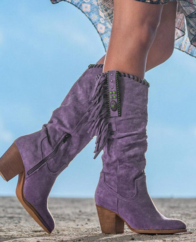 The Solene Suede Knee High Tassel Chunky Heeled Boots Detail – La Rose Couture Shoes & Footwear