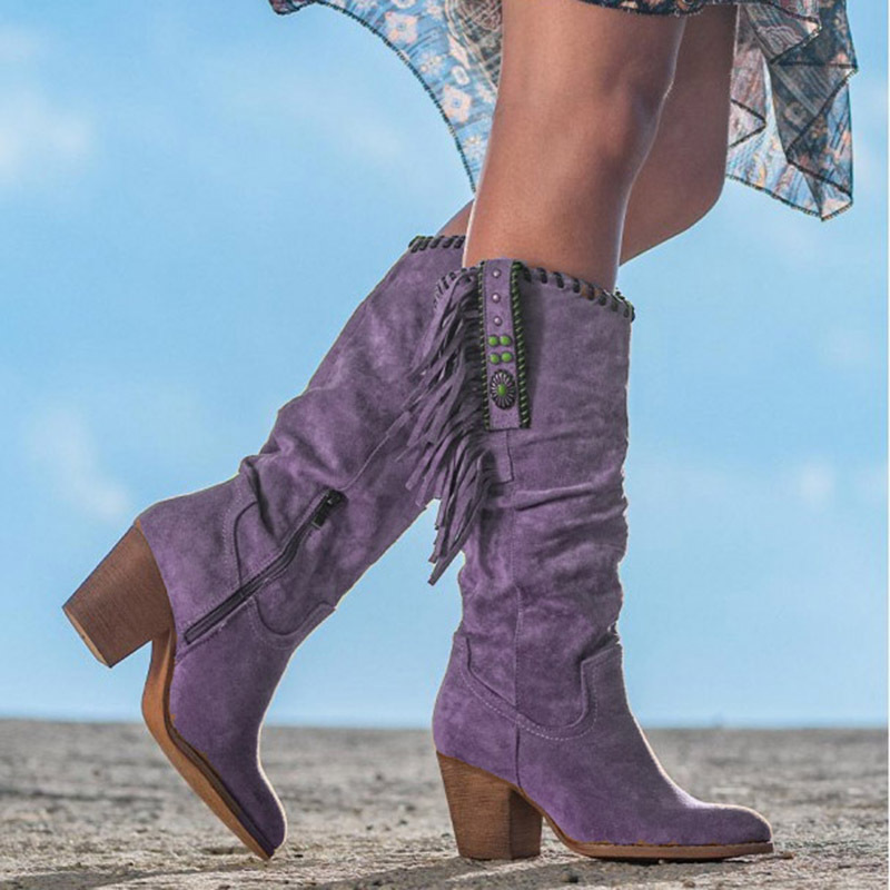 Women's Suede High-Tube Tassel Chunky High-Heeled Boots - Image 5