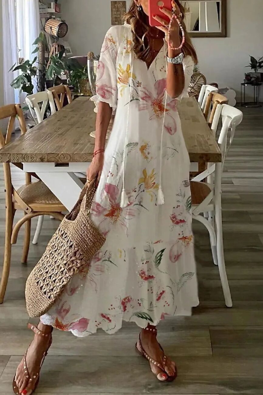 The Seraphine V Neck Printed Fringe Bell Sleeve Loose Maxi Dress Detail – La Rose Couture Dresses & Gowns