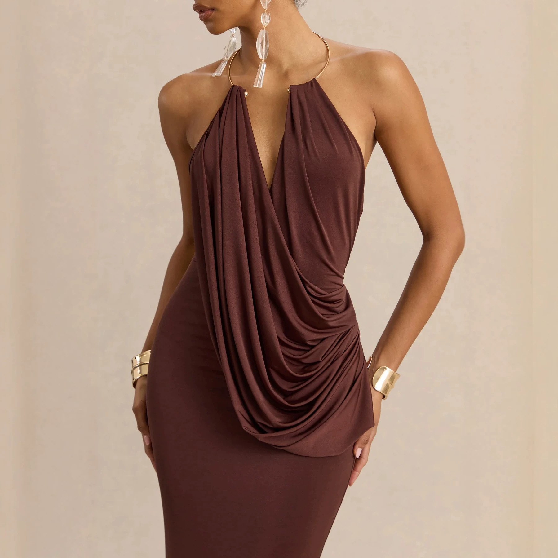 Womens Pleated Bodycon Dress with Ruffle Neck - Image 2